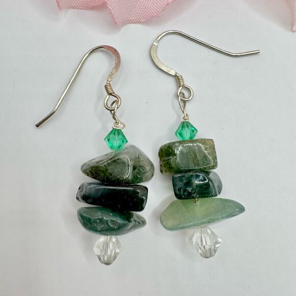 Green Gemstone Nugget Silver Bohemian Dangle Earrings Shades Of Green Tested - Picture 3 of 6